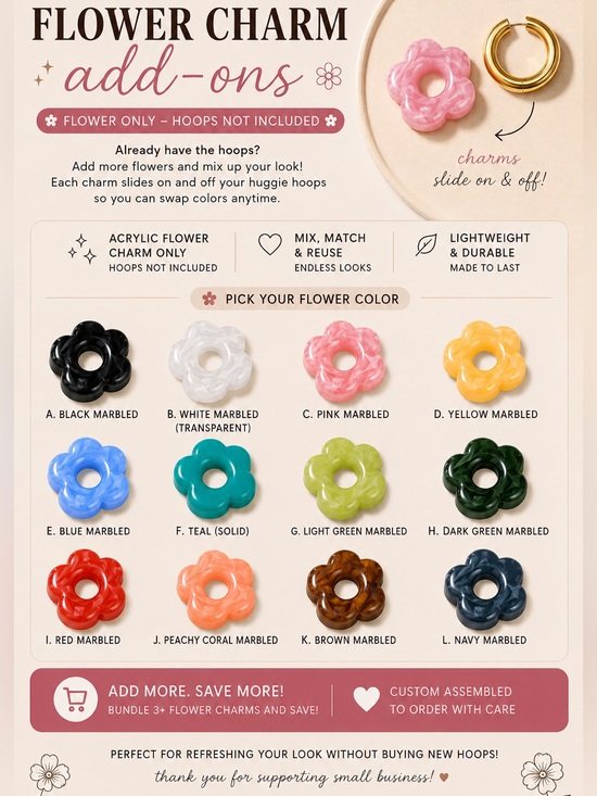 Jewelry - Flower Earring Charm Add-On or Replacement Acrylic Flowers for Huggies